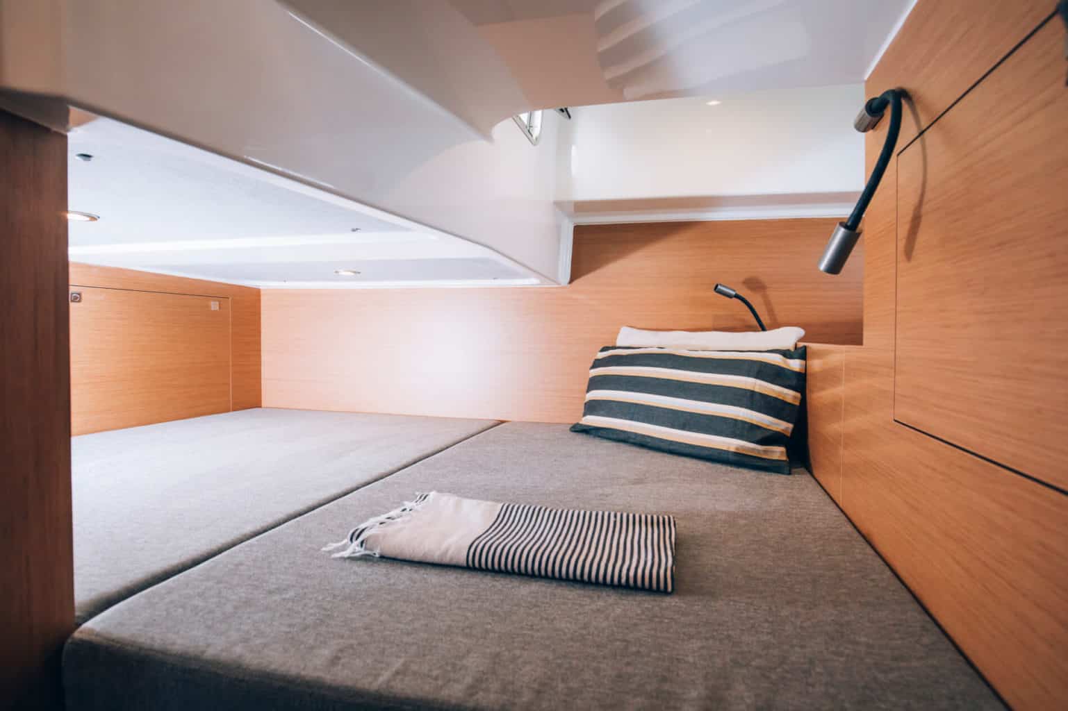 Below deck on the Beneteau Flyer 10 for sale at Bates Wharf