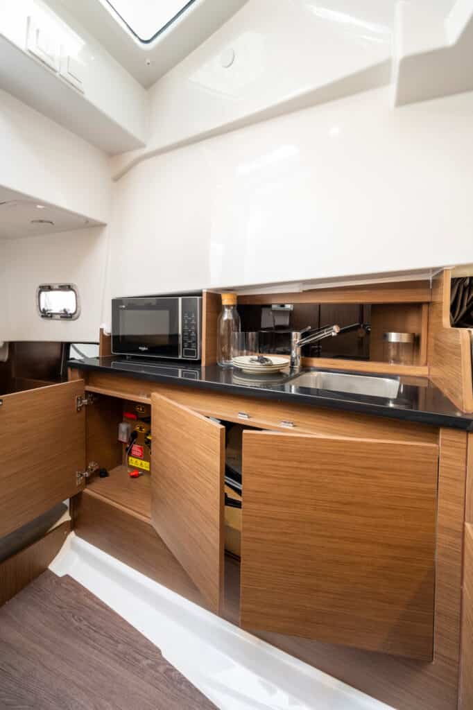 The storage below deck on the Beneteau Flyer 9 Spacedeck for sale UK at Bates Wharf 