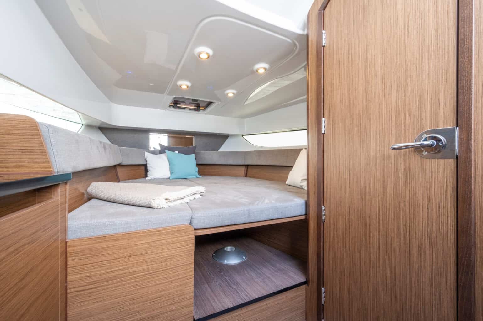 The cabin storage of the Beneteau Flyer 9 Spacedeck for sale UK at Bates Wharf 