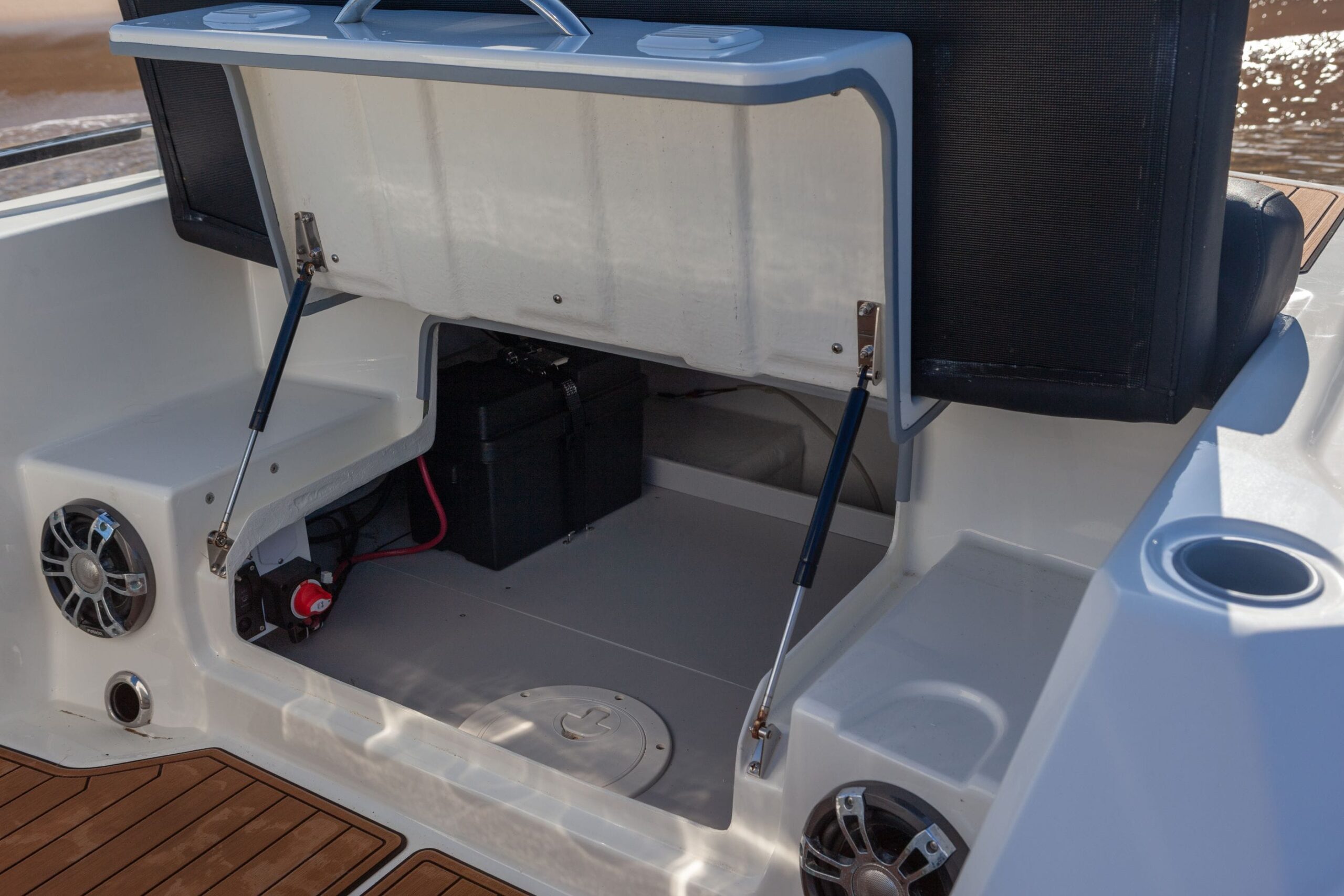 The storage compartment of the Brig Eagle 6.7 for sale UK at Bates Wharf Marine Sales