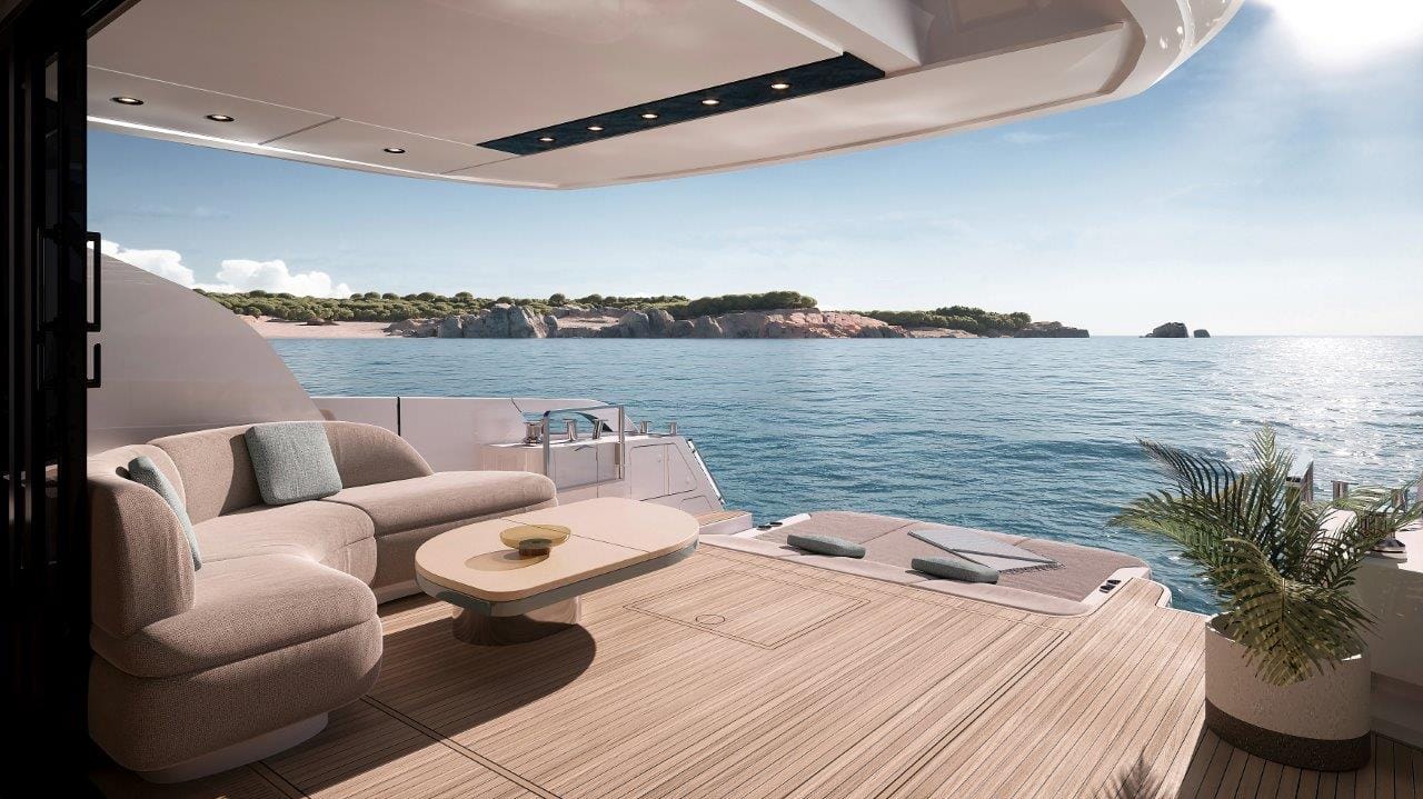 The rear of the Azimut Fly 62 for sale UK at Bates Wharf Marine Sales