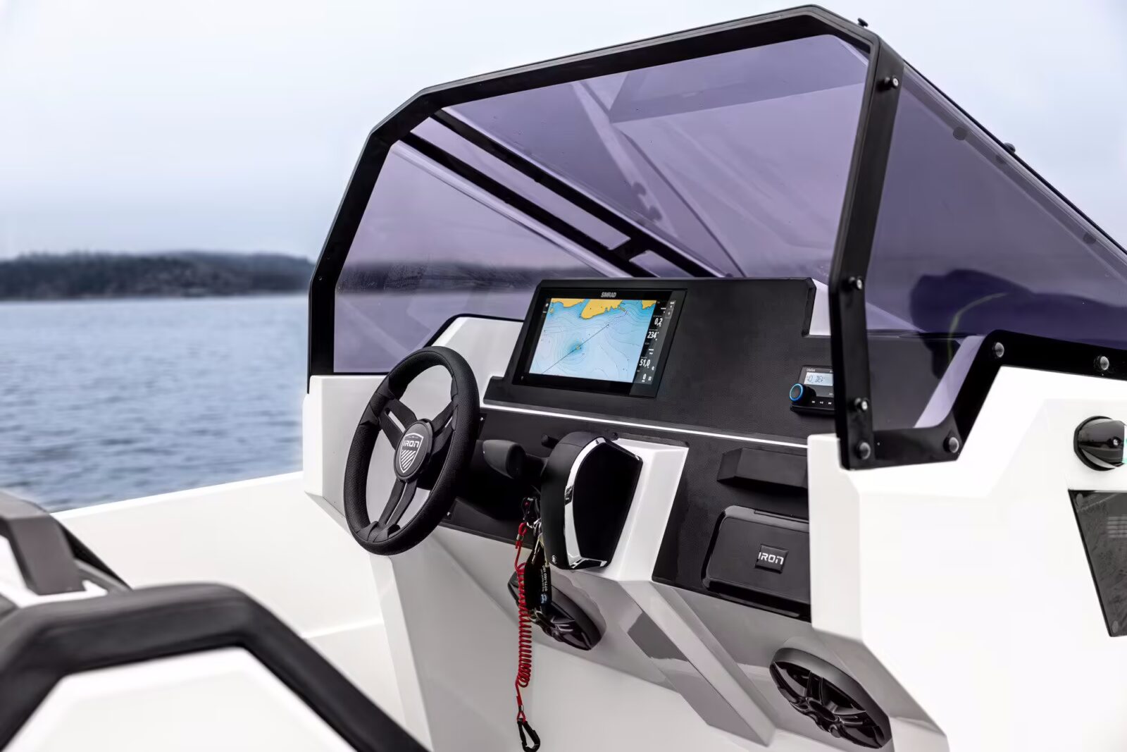 The cockpit of the Iron 907 boat for sale UK at Bates Wharf