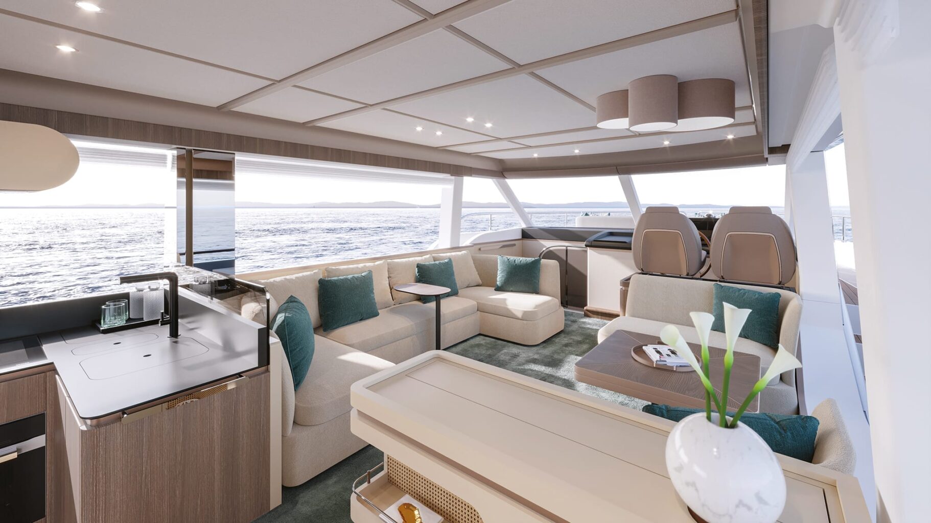 The interior of the Azimut Magellano 60 for sale UK at Bates Wharf