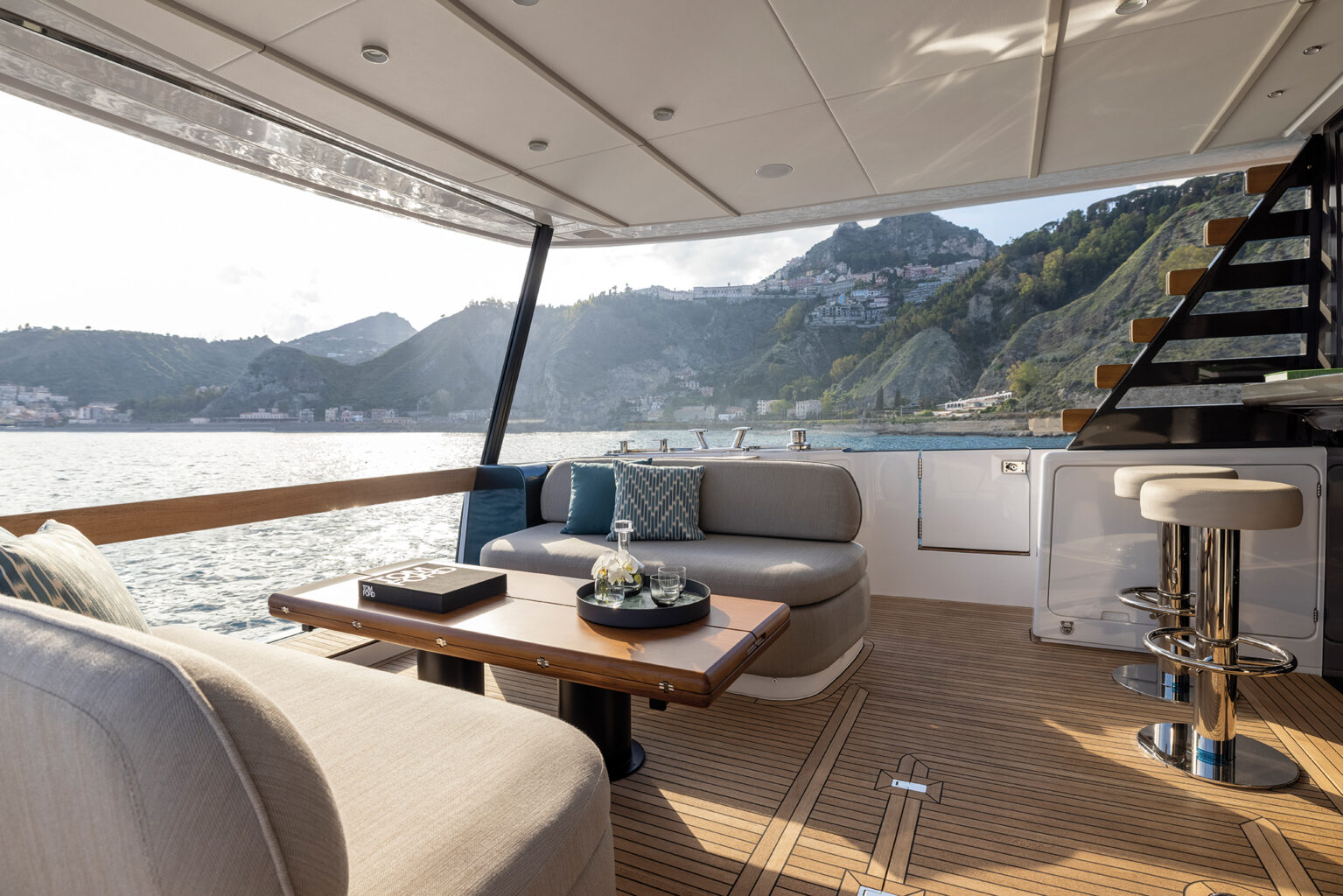 The spacious deck of the Azimut Magellano 60 for sale at Bates Wharf
